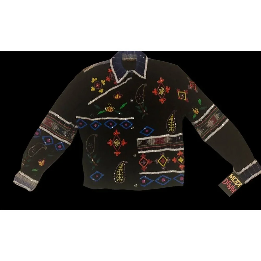 Vintage MODI Denim Beaded Sequined Black Floral Paisley Jacket NEW SAMPLE Sz Med - Picture 10 of 11